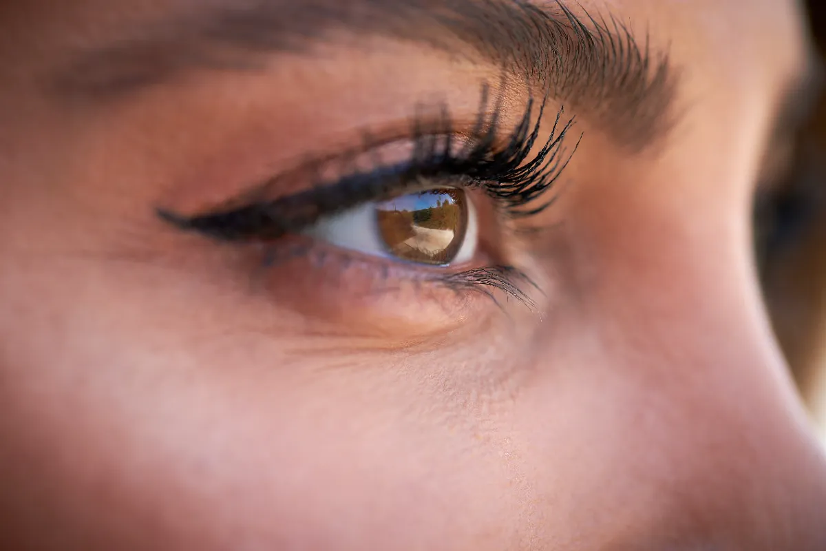 close up on eyes of attractive young woman leaning utc